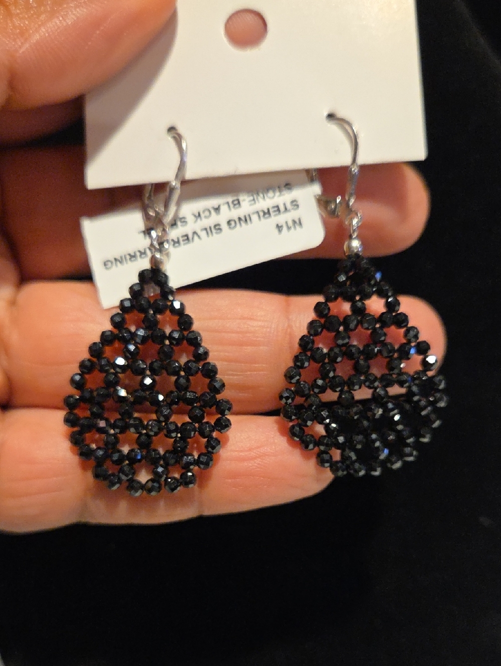 Black Spinel Teardrop Shaped Dangle Earrings - Sterling Silver